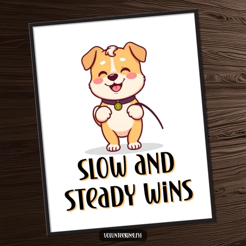 Funny art print of a Kawaii dog holding a leash, waiting to walk with an elder, depicting loyalty and companionship.