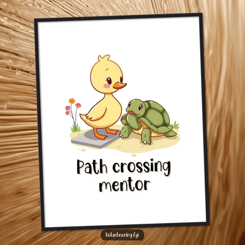 Funny kawaii duckling helping poster, an illustration of a duckling assisting an elderly turtle across a path, symbolizing gentle support.