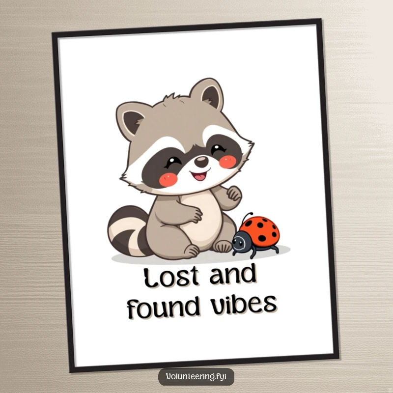 Funny poster of a Kawaii raccoon character guiding a lost ladybug, emphasizing kindness and friendship, heartwarming wall art, great funny gift.