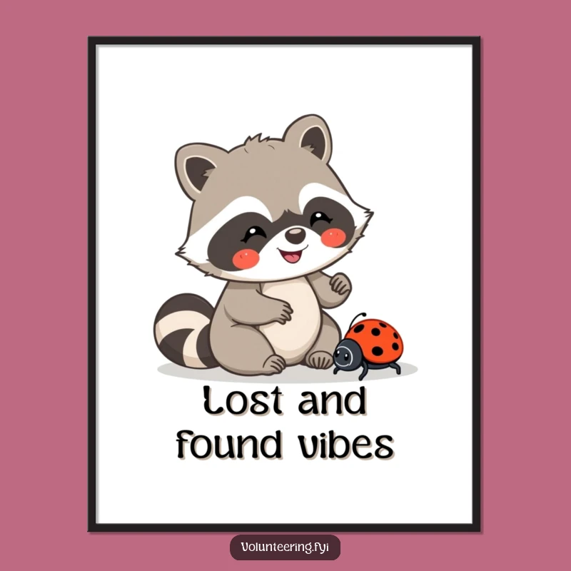 Funny Kawaii Raccoon Ladybug Poster, Kindness Art Decor, Hilarious Wall Piece