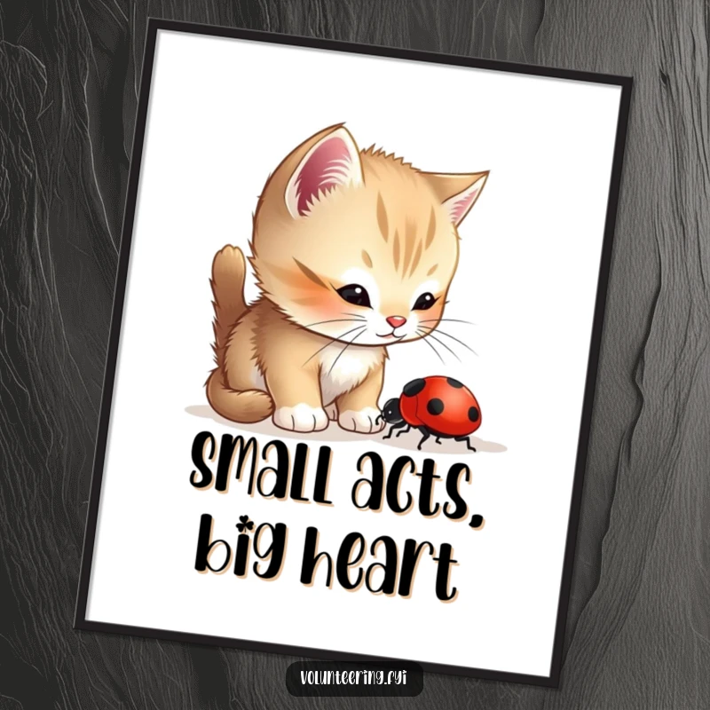 Funny Kitten Ladybug Poster depicting a curious kitten helping a lost ladybug, adding a touching scene of kindness and friendship to decor.