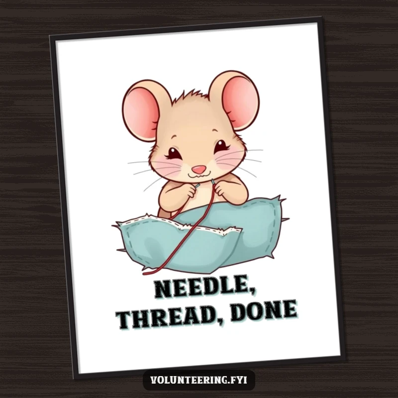 Funny mouse poster, a cute character meticulously sewing a patch on fabric with tiny tools, a humorous piece of art.