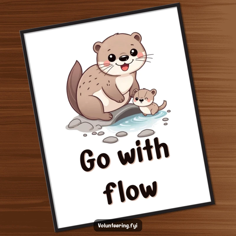 Funny Poster depicting a happy otter character helping a smaller animal cross a stream, radiating helpfulness and a sense of adventure.