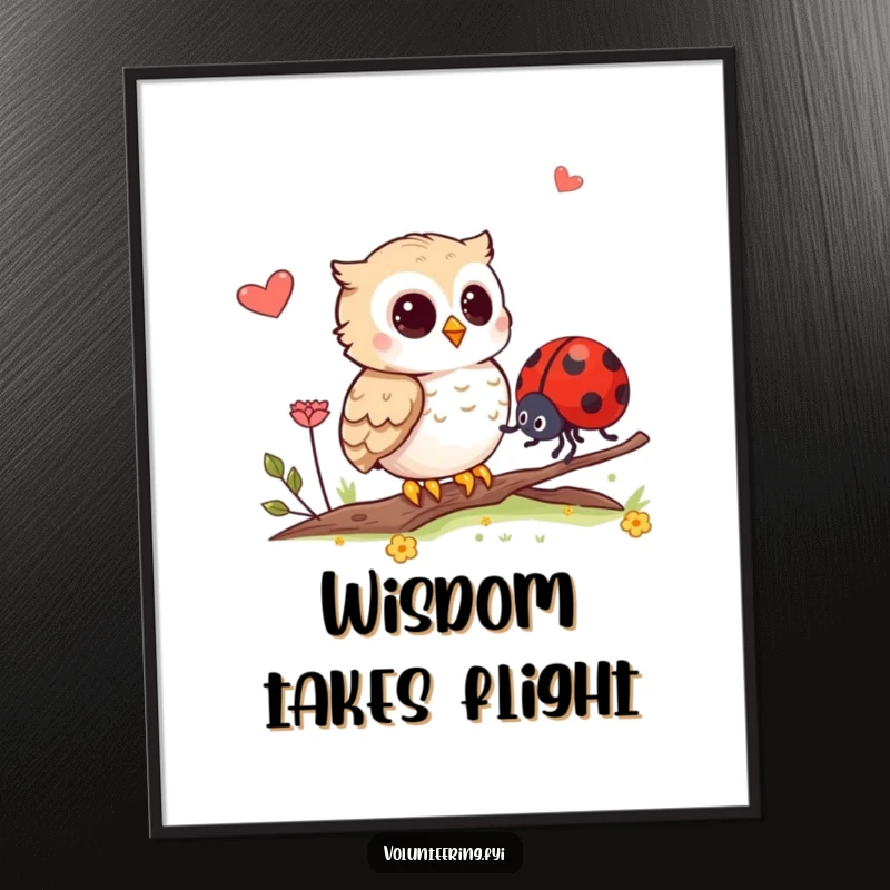 Funny poster art of an owl guiding a ladybug, creating a whimsical and heartwarming visual for any room.