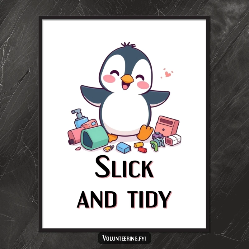 Funny penguin poster, a cheerful penguin energetically tidying scattered items, a humorous and clean art piece.