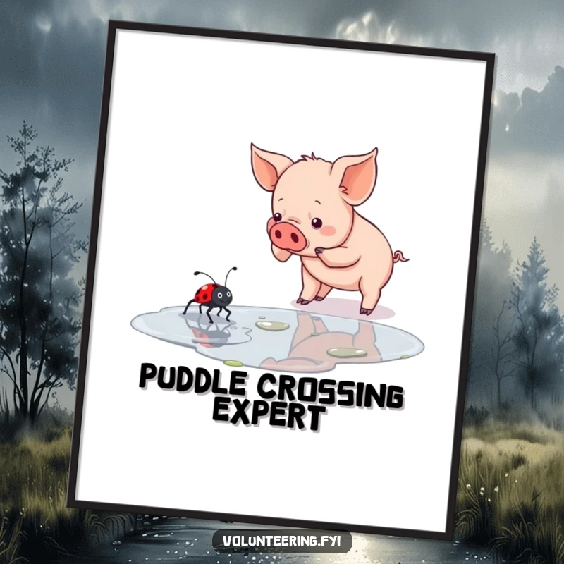 Funny piglet poster illustrating a determined piglet aiding a ladybug across a puddle, a heartwarming depiction of animal solidarity.