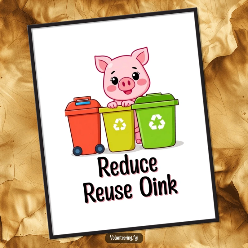 Funny pink pig character with a sunny smile, happily sorting colorful recycling bins, printed on a vibrant poster, a funny eco gift.