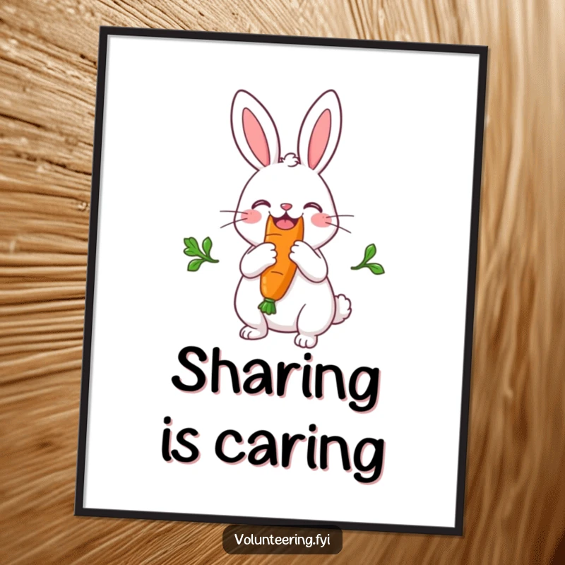 Funny poster art of a happy rabbit splitting a large carrot in two, illustrating sharing and gentle humor.