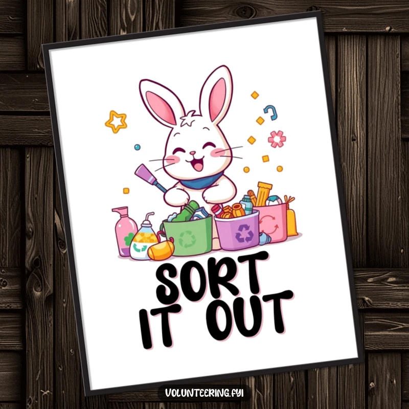 Funny Rabbit Recycling Poster: An enthusiastic rabbit sorting colorful recyclable items, bringing a humorous and eco-friendly vibe to wall art.