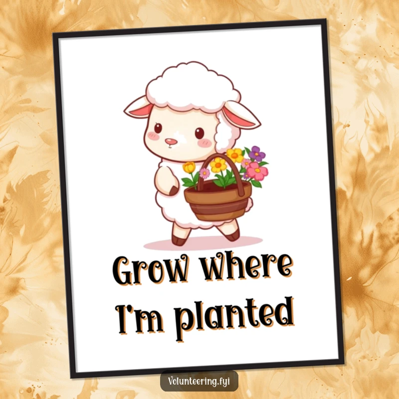 Funny poster art of a fluffy sheep in a meadow carrying a basket of colorful flowers, ready for planting.