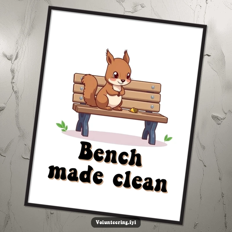 Funny poster of a diligent squirrel meticulously cleaning a park bench, promoting environmental care with a humorous twist.