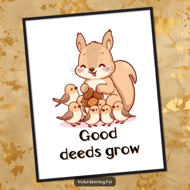 Funny kawaii squirrel sharing poster, an illustration of a squirrel distributing nuts to small birds, symbolizing kindness and natural harmony.