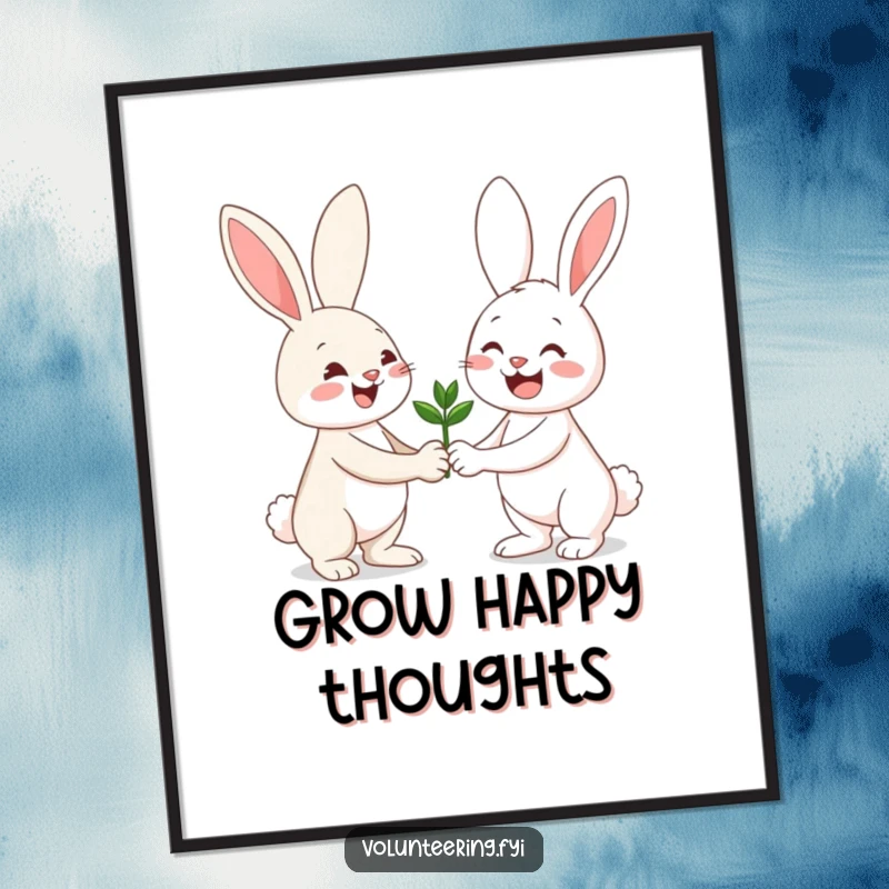 Funny poster featuring a cheerful bunny offering a small plant seedling to a smiling friend, celebrating connection.