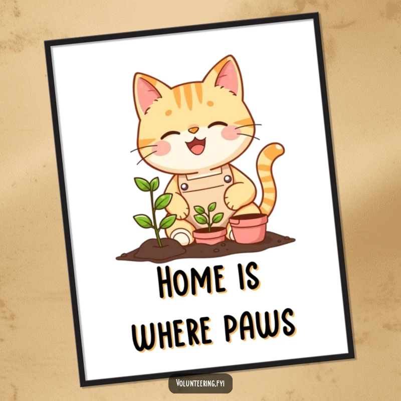 Funny cheerful cat wearing an apron planting a tiny seedling with a bright smile, presented as charming wall art.