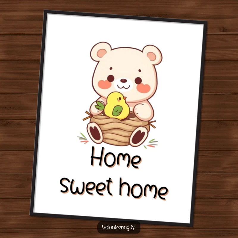 Funny Poster: A friendly bear assists a tiny bird in building a nest, capturing a moment of heartwarming cooperation.