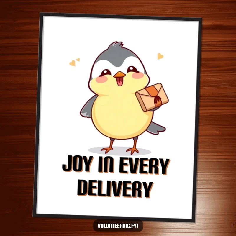 Funny poster of a joyful chickadee holding a small parcel, mid-flight, bringing cheerful energy and humor to wall decor.