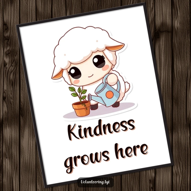 Funny Poster: Fluffy white sheep with large, kind eyes carefully waters a small potted plant with a tiny watering can, showing serenity.