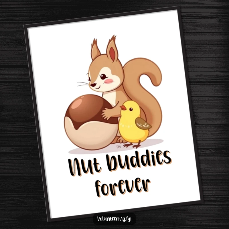 Funny poster featuring a squirrel sharing a large nut with a small, content bird, celebrating kindness.