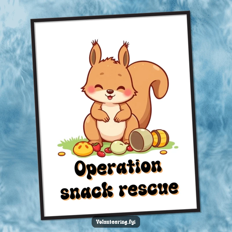 Funny Squirrel Picnic Poster depicting a playful squirrel tidying picnic items with a smile, bringing cheerful woodland charm to decor.