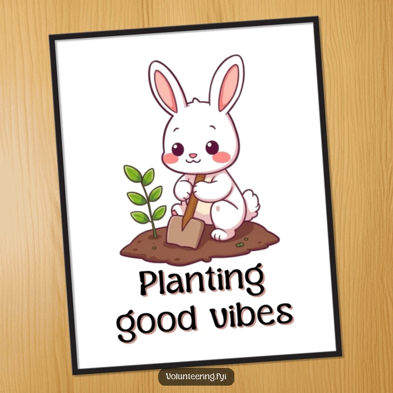 Funny Poster depicting a cute bunny character planting a tiny tree with a shovel, radiating a feeling of gentle helpfulness and nature.