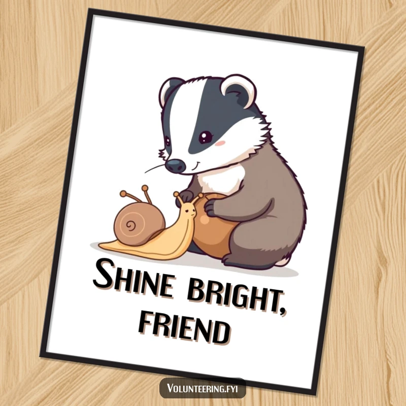 Funny badger poster featuring a diligent badger helping a snail clean its shell, inspiring animal art for wall decor.