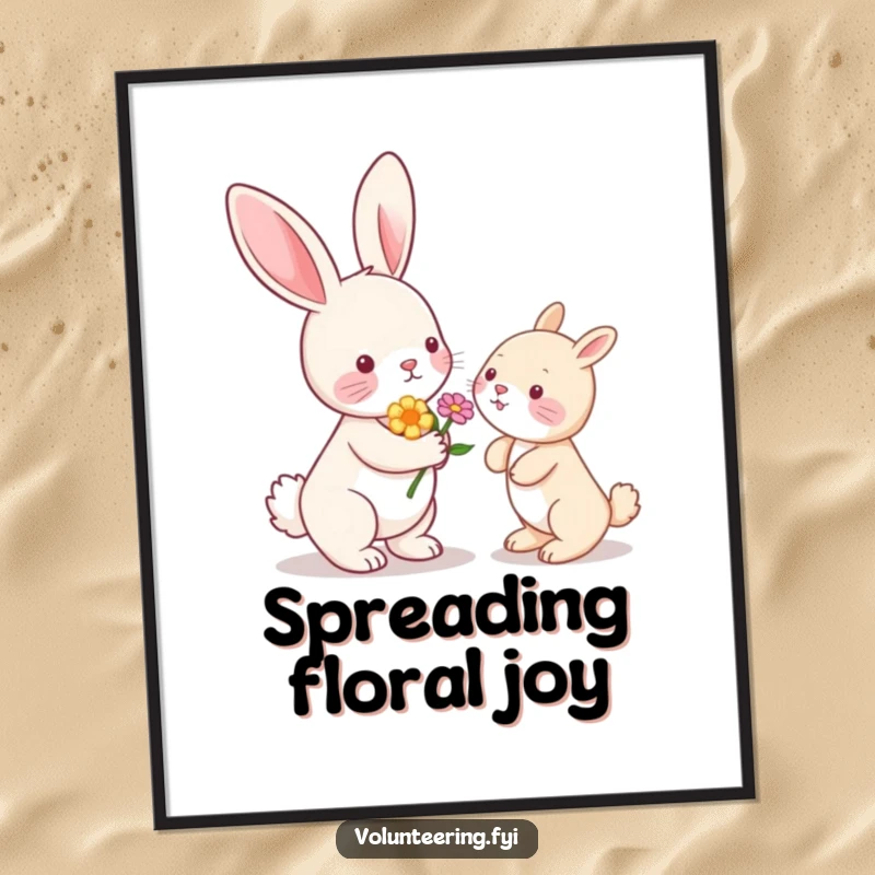 Funny Kawaii bunny rabbit handing a flower to another animal, cute wall art print, heartwarming scene.
