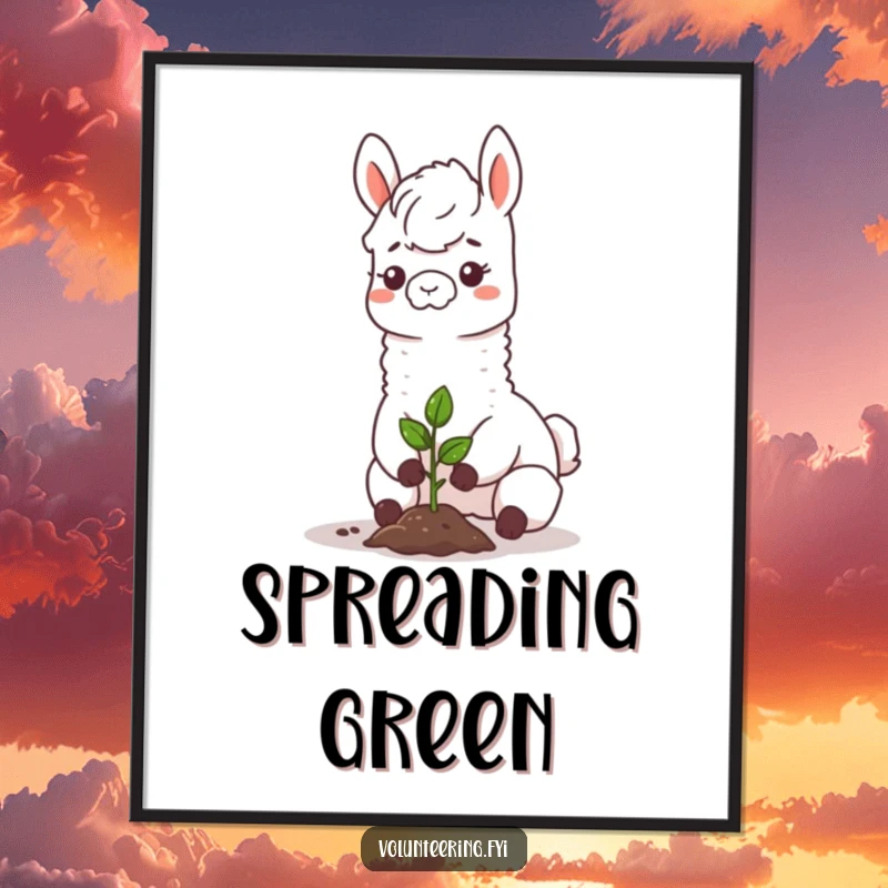 Funny llama poster, a happy llama smiling, planting a small sapling, adding a touch of eco-friendly cheer and gentle humor to any wall.