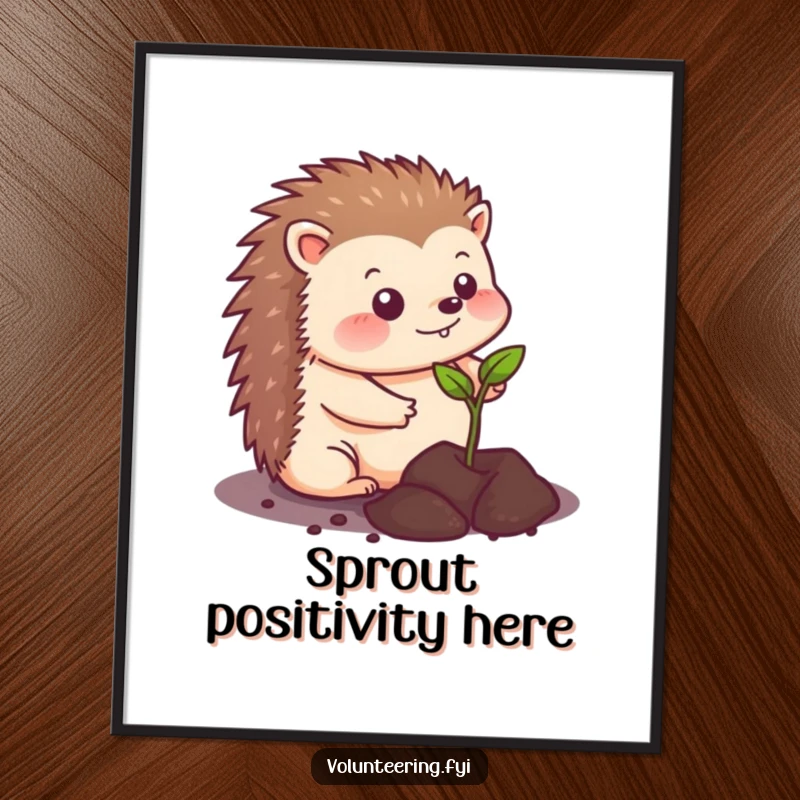 Funny kawaii hedgehog planting a small seedling in soil, presented as charming wall art, bringing a smile with its adorable garden theme.