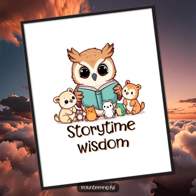 Funny poster of a Kawaii owl character reading a book to young animals, educational and heartwarming wall art, great funny gift.