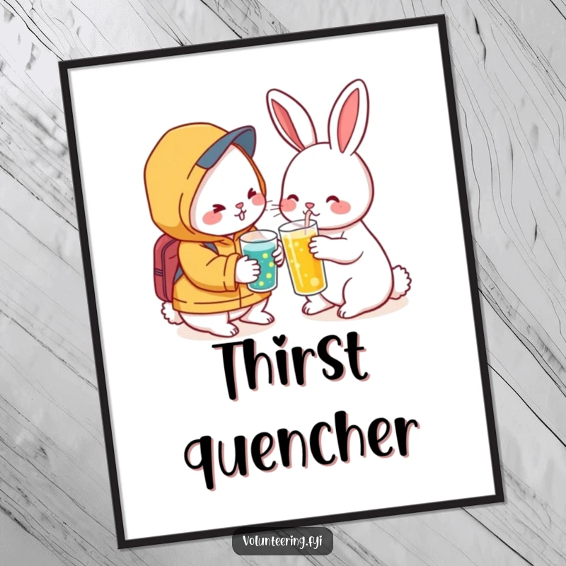 Funny Kawaii Rabbit Friendship Poster: Charming artwork of a rabbit offering a drink to a friend, symbolizing care and connection.