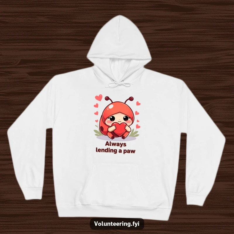Funny hoodie featuring a helpful red ladybug with a large heart guiding, offering cozy humor and a compassionate style.