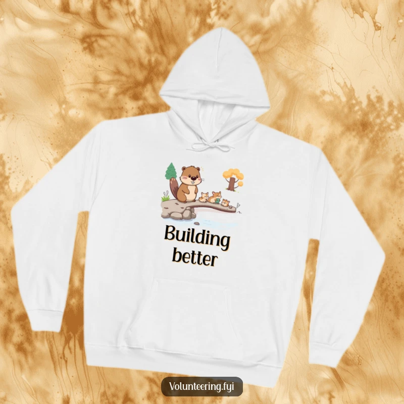 Funny beaver hoodie, a hardworking beaver helping small animals cross a bridge, a warm and humorous apparel gift.