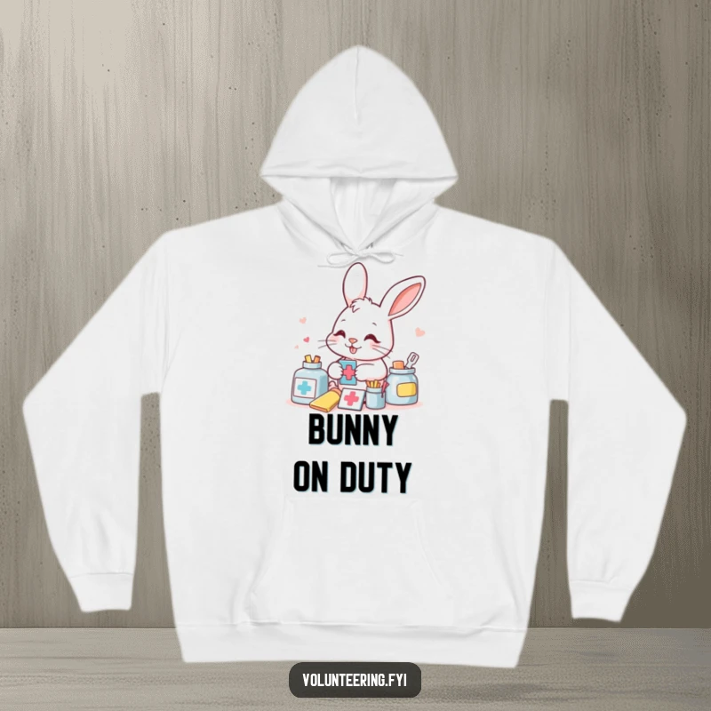 Funny bunny meticulously sorting aid supplies on a cozy hoodie, bringing organized and humorous vibes.