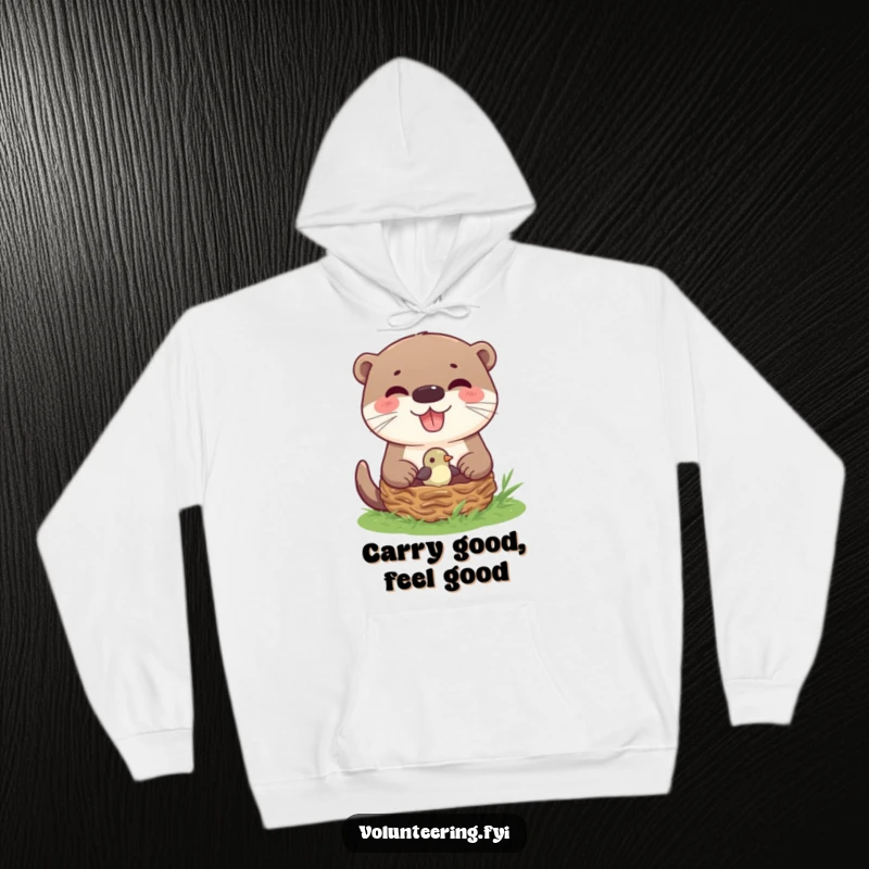 Funny Otter Helping Bird Nest Hoodie showcasing a joyful otter carefully assisting a baby bird back into its home, a symbol of care.