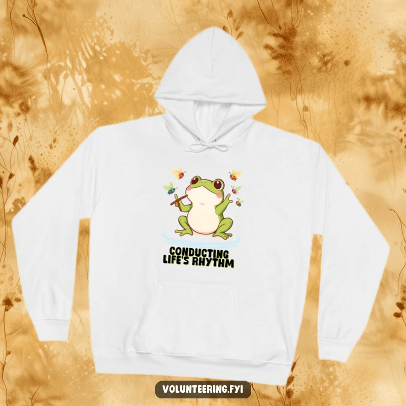 Funny Kawaii Frog Conductor Hoodie: Warm hoodie featuring a frog leading an orchestra of insects, a humorous and cozy musical delight.
