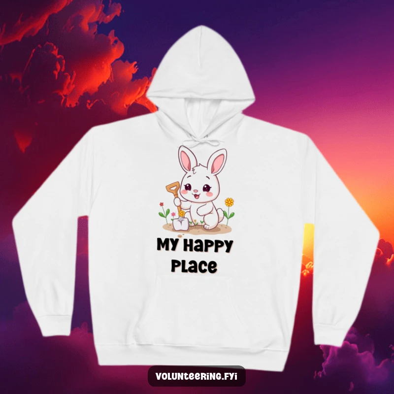 Funny hoodie with a happy bunny character planting tiny flowers with a smiling shovel, ready for spring.