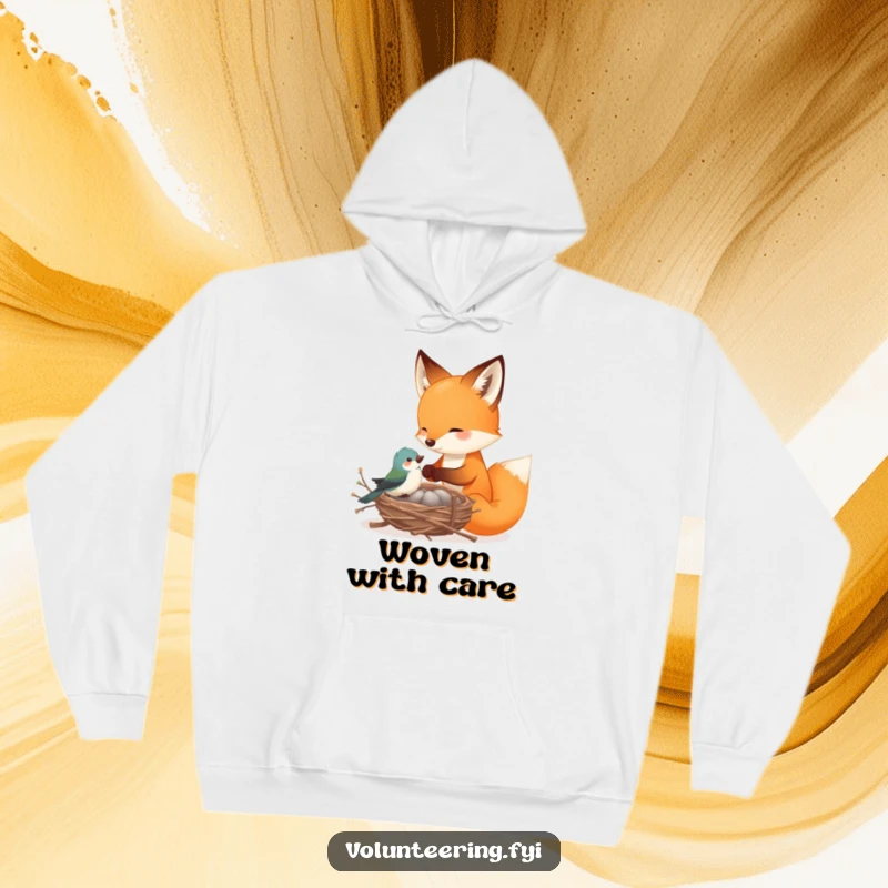 Funny fox hoodie, depicting a playful fox helping a tiny bird build a nest with delicate twigs, a cozy scene of interspecies kindness.