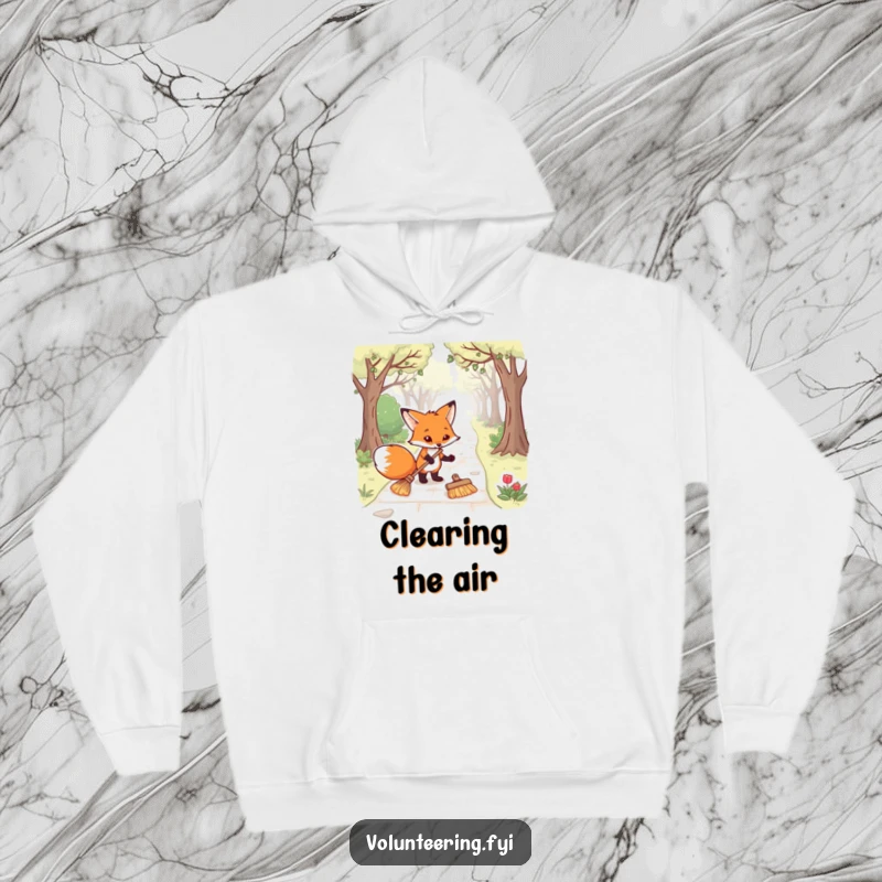 Funny fox hoodie depicting a diligent animal sweeping a park path, offering warmth and humor as a perfect funny gift choice.