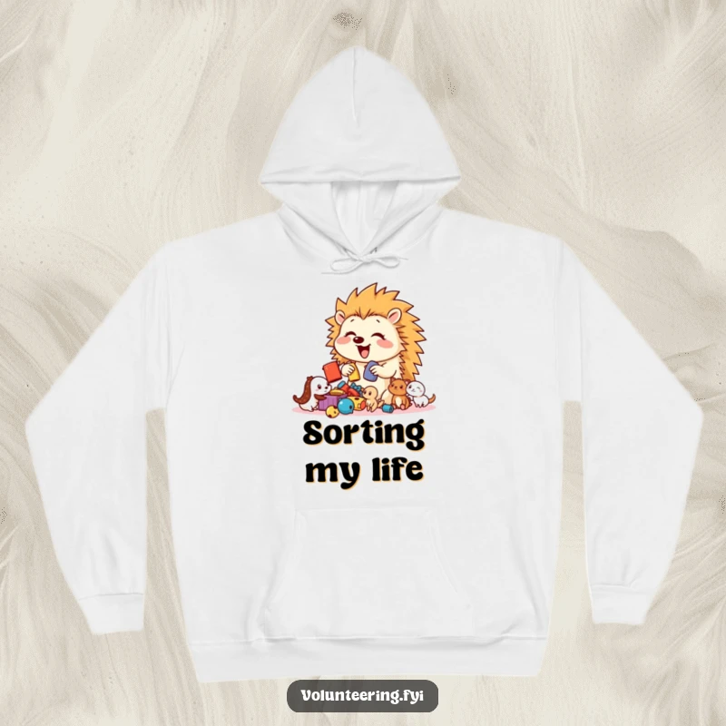 Funny Hedgehog Toy Sorter Hoodie with a bouncy, happy hedgehog enthusiastically sorting toys for a group of cute, waiting smaller creatures.