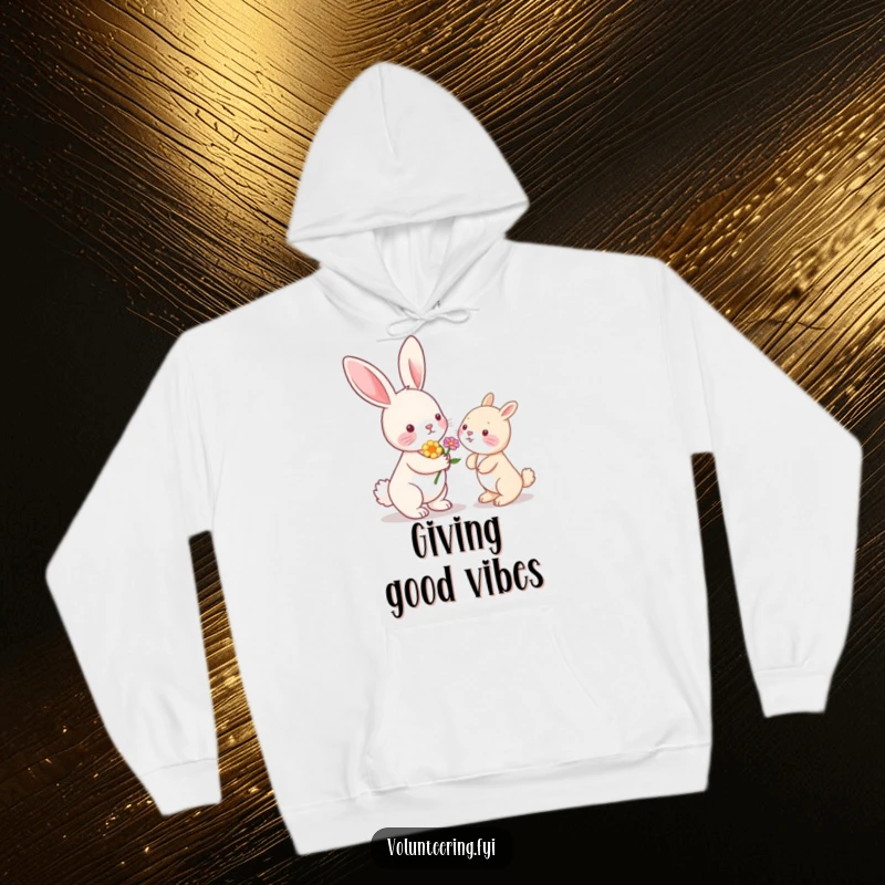 Funny Kawaii bunny rabbit offering a flower to another animal, cozy hoodie design, heartwarming friendship.