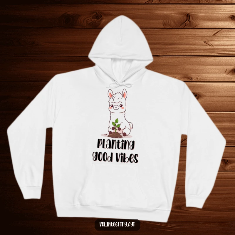 Funny llama hoodie, depicting a joyful llama planting a sapling, radiating happiness and eco-friendly vibes, a cozy and cute design.