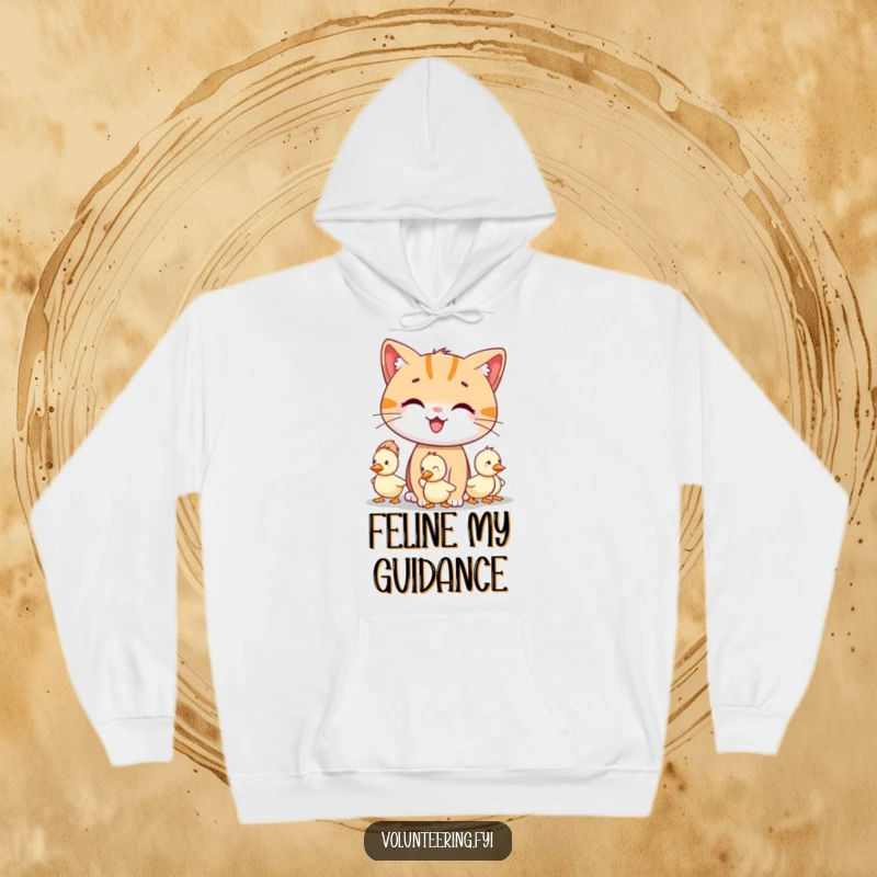 Funny smiling cat character guiding lost little ducklings on a soft hoodie, ideal funny gift.