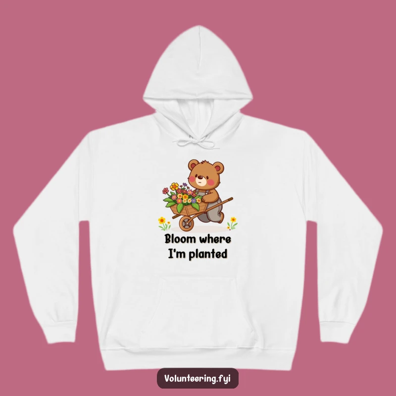 Funny Bear Hoodie: Determined Bear Pushing Flowers, Cozy Funny Gift