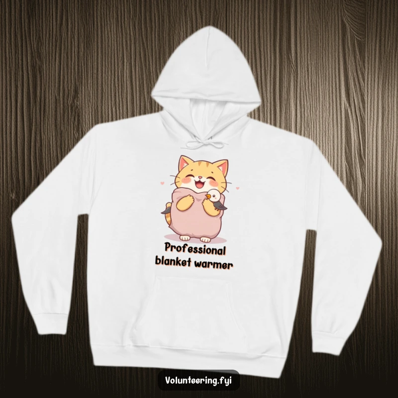 Funny cat hoodie showing a joyful cat offering a warm blanket to a shivering bird, celebrating compassion and friendship.