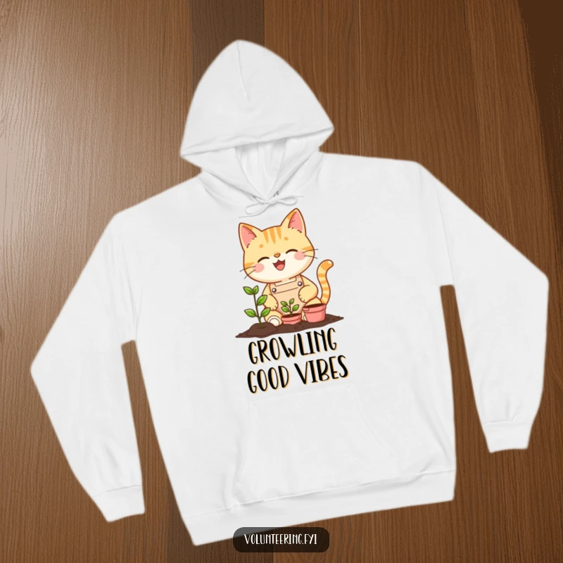 Funny cat wearing an apron planting a seedling on a cozy hoodie, bringing adorable and humorous garden vibes.