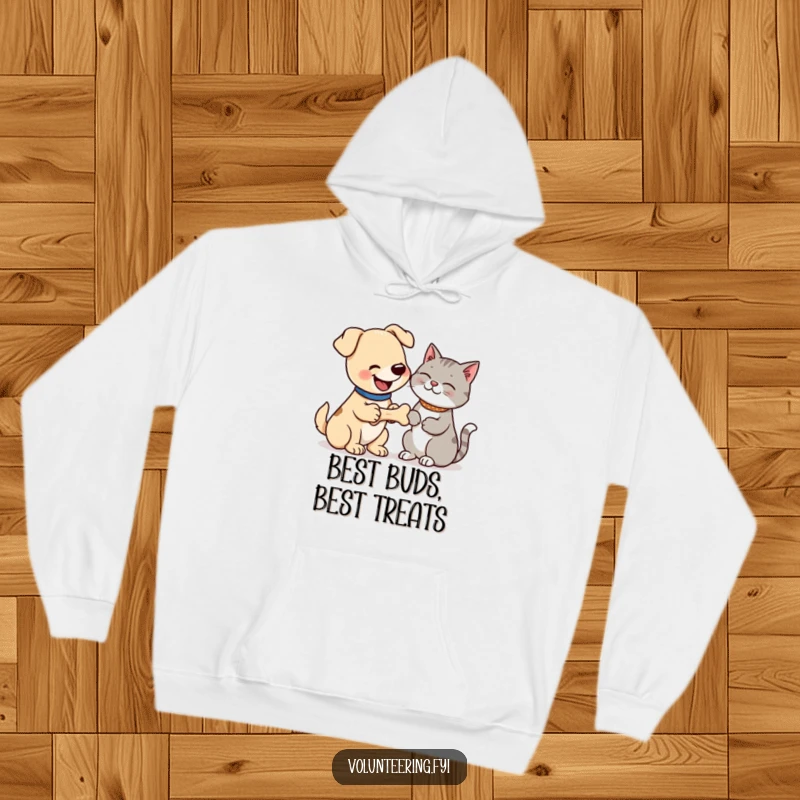 Funny hoodie featuring a happy dog presenting a bone to a thankful cat, illustrating a sweet and comical animal bond. Great funny gift.