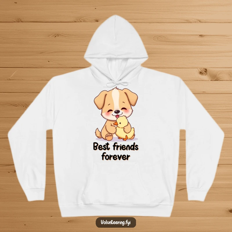 Funny hoodie print of a happy dog gently petting a small, fluffy duckling, a symbol of sweet bonds.