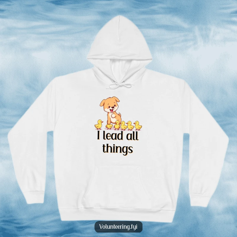 Funny dog hoodie depicting a playful dog gently guiding a group of lost ducklings, a heartwarming illustration of animal friendship.