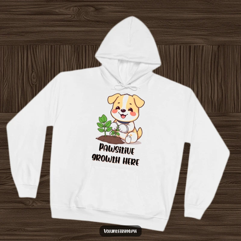 Funny hoodie featuring a happy dog wearing gloves, diligently planting a small tree, symbolizing growth and nature.