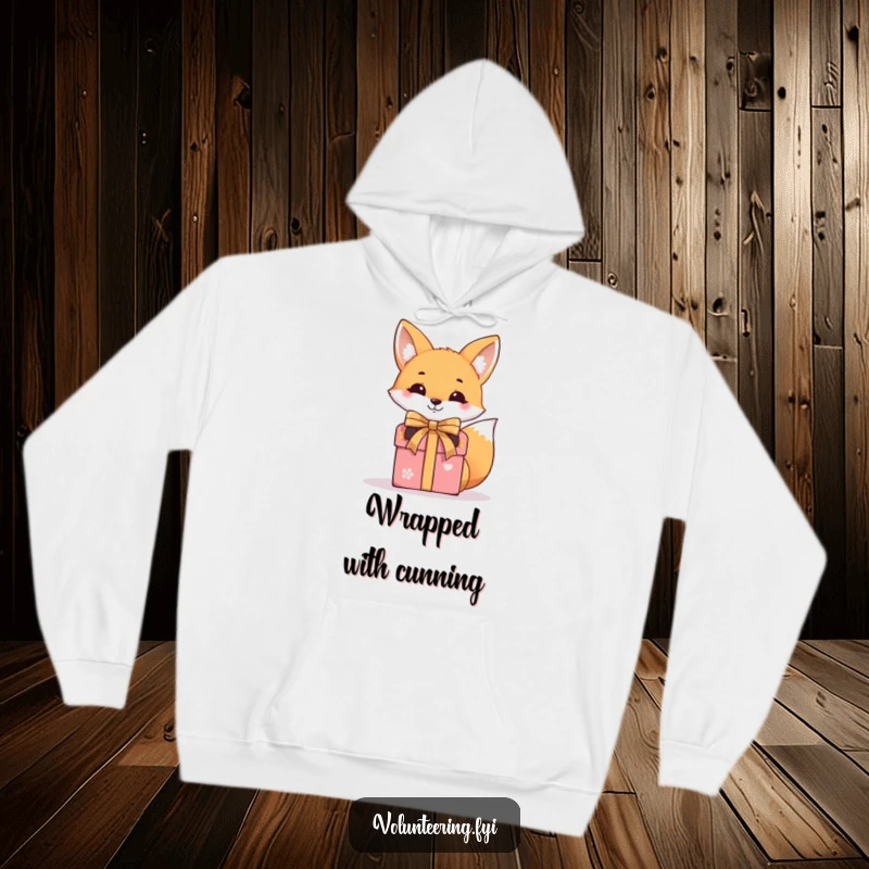 Funny, cozy hoodie featuring a smiling fox expertly tying a ribbon on a gift box, great for gifting occasions.